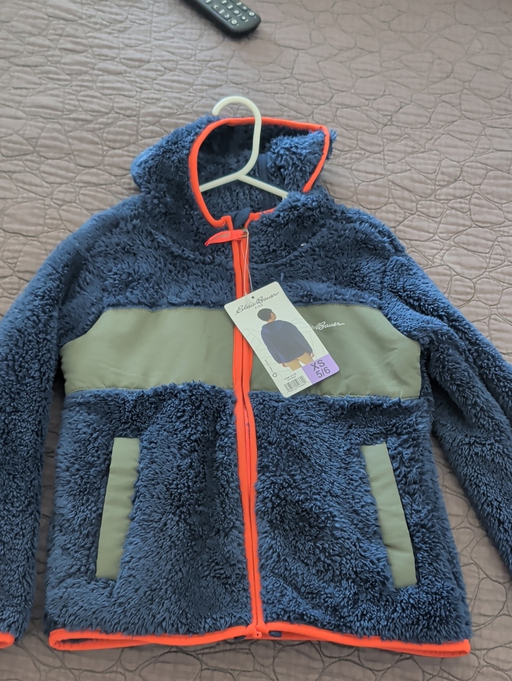 Eddie Bauer Navy Sherpa Hooded Jacket with Olive Panels /Orange Trim - XS (5/6)